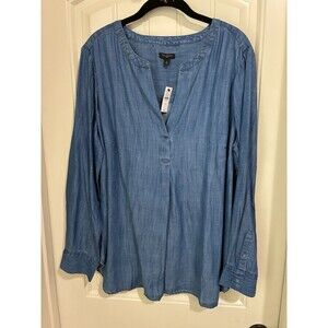 NWT Talbots Womens Split Neck Denim  Collar Popover Chambray Tencel Denim Top 1X